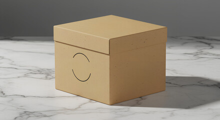 Stylish cube packaging mockup with eco-friendly kraft box, natural texture and simple logo on marble surface, emphasizing sustainability and modern design