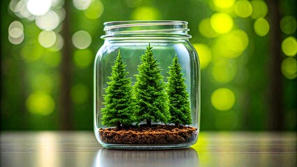 Miniature pine trees in glass jar with forest background


