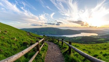 Fototapeta premium A scenic view featuring a winding path through lush green hills, leading to a serene lake under a stunning sky at sunset.