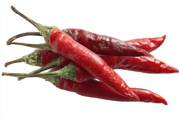 A cluster of five dried red chili peppers, slightly wrinkled, with visible stems and a glossy sheen, isolated on a white background