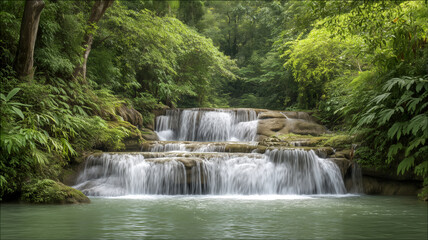 Tranquil atmosphere of a majestic waterfall in lush forest