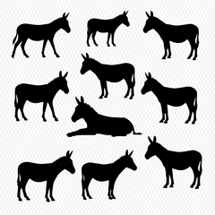 A collection of nine black donkey silhouettes in various standing and lying poses.