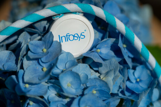 Infosys logo captured among blue hydrangea flowers symbolizing innovation, growth, and the company's global presence in technology and digital consulting