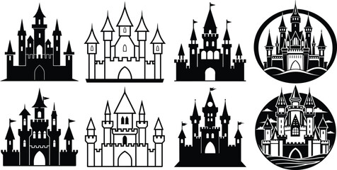 Obraz premium Set of Eight Black and White Castle Illustrations. Fantasy Castle Line Art Collection for Coloring Pages.
