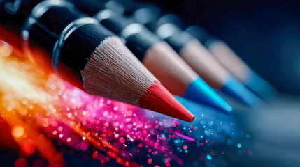 Close-up of colored pencils with vivid blue and red tips on a sparkling background