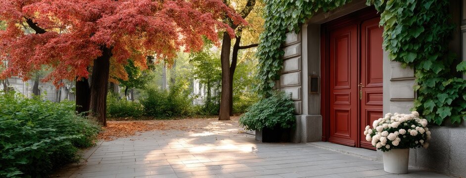 Colorful autumn foliage frames a charming entrance in a serene urban park setting with vibrant seasonal blooms - Powered by Adobe