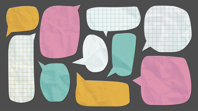 Crumpled paper stickers with speech bubble shapes set. Comic retro cartoon elements made from color and grid paper. Pop art style. Vintage icons with wrinkled paper texture, edges. Vector design
