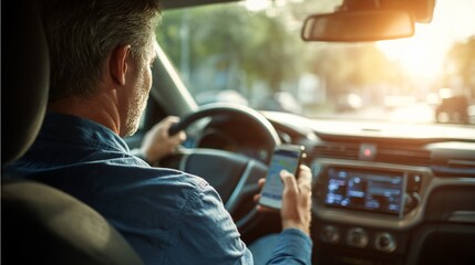 Driver texting while driving car in city, risking accident, traffic visible in background. For safety awareness