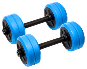 Fototapeta premium Pair of blue plastic dumbbells for fitness and weight training on a transparent background