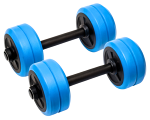 Pair of blue plastic dumbbells for fitness and weight training on a transparent background