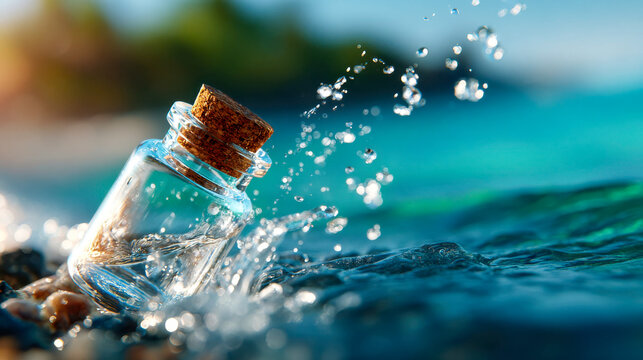 A clear glass bottle with a cork is splashing in turquoise ocean water, surrounded by dynamic droplets and backlit sunlight