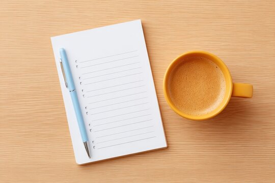 Notepad with blank lines, blue pen, and bright orange cup of cof
