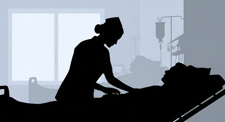Silhouette of a nurse tending to a patient in a hospital room with a window and medical equipment in the background.