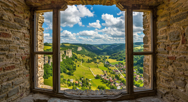 View of a valley from a stone window frame with a blue sky and white clouds in the background - Powered by Adobe