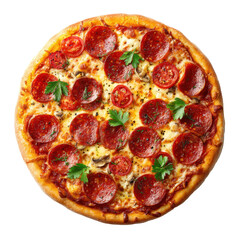 Delicious pepperoni pizza topped with fresh herbs and mushrooms served on a crisp crust