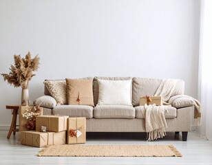Square cushion mockup on neutral couch with wedding gift boxes and dried flowers in soft light

