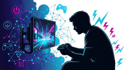 Silhouette of a man playing video games on a TV with neon-lit icons and symbols around him in a dark room.