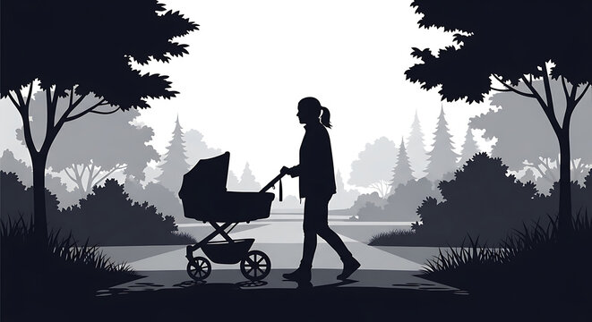 Silhouette of a woman pushing a baby stroller on a park path at sunrise - Powered by Adobe