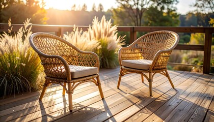 Obraz premium Two Wicker Chairs on Deck at Sunset with Pampas Grass Background