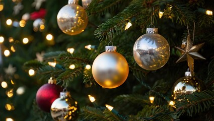 A close up view of a christmas tree with ornaments and lights during the holiday season time