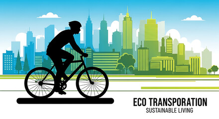 Illustration of a cyclist in front of a green city skyline with eco-friendly transportation theme