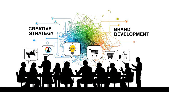 Silhouette of a diverse team brainstorming with creative strategy and brand development icons in a modern office setting with a vibrant color palette.
