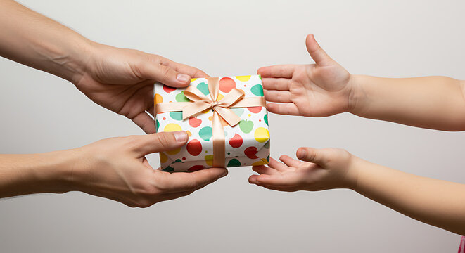 child hands recieving a present, close-up