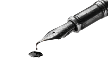 Close-up of a fountain pen nib with ink dripping