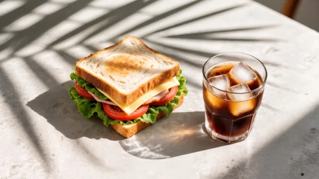 Top View of Sandwich and Coffee in Sunny Minimalist Setting