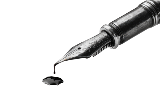 Close-up of a fountain pen nib with ink dripping