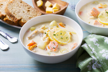 Thick soup chowder made with salmon, white fish, shrimps and vegetables