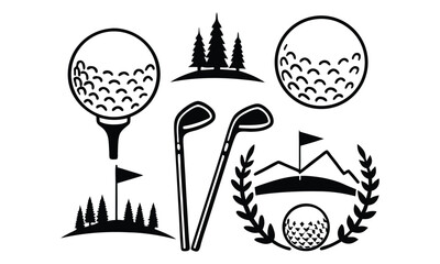Golf Icon Set Balls, Flags, Clubs, and Trophy Illustrations