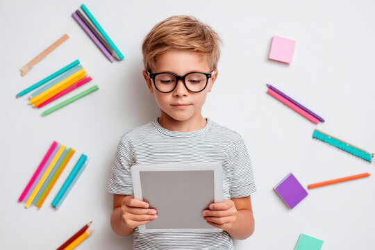 schoolboy using ar cheat sheet on ruler surrounded by assortment of ultrabright school supplies