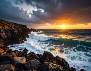 Dramatic sunset over a rocky coastline with powerful waves