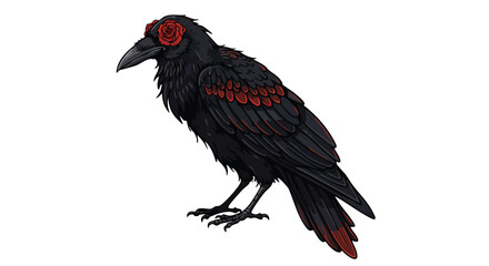 Fototapeta premium Vector Illustration of a Black Crow with Red Feather Highlights in Modern Organic Style