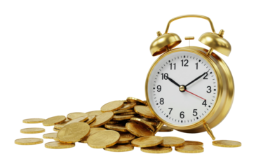 Golden alarm clock with euro coins symbolizing time and money. Cut out PNG