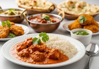 Delicious indian chicken tikka masala served with fluffy basmati rice and naan bread, a popular and flavorful dish