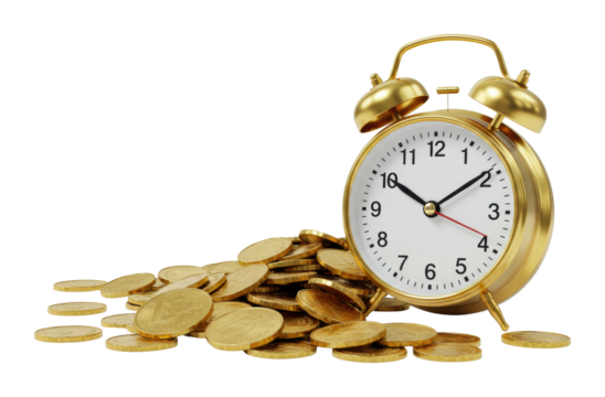 Golden alarm clock with euro coins symbolizing time and money. Cut out PNG