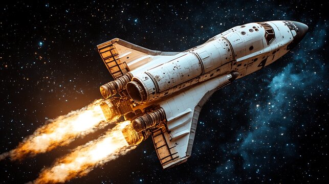 Spacecraft in flight with fiery engines.