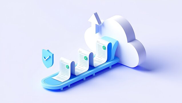 Documents on conveyor belt moving to cloud with shield