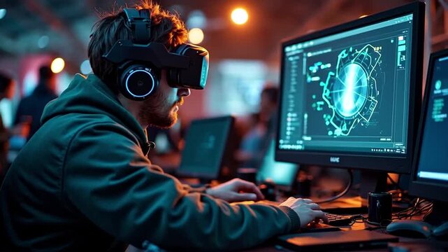 A person wearing a VR headset is working on a computer, coding.