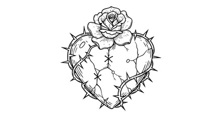 Vector Illustration of Heart-Shaped Cactus with Rose in Modern Line Art Style Featuring Spiky Green Elements and Blooming Rose for Botanical and Tattoo Design