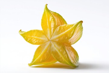 Fototapeta premium A vibrant yellow star fruit, its five points slightly curled, rests on a plain white background