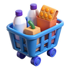 Blue shopping cart with groceries isolated on a transparent background