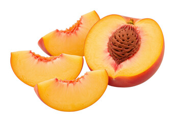 Fresh juicy peach with seed and slices. Cut out PNG