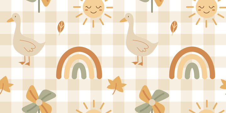Boho baby patchwork seamless pattern with rainbows suns and goose in pastel colors