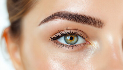 Obraz premium Close-up of young woman’s perfectly shaped eyebrows on bright white background. 