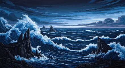 Obraz premium Dramatic coastal scene at night with crashing waves.