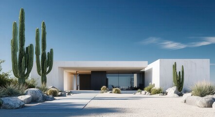 Fototapeta premium Modern desert house with white walls, surrounded by cacti and sand under a blue sky, showcasing minimalist architecture in a sleek 3D rendering.