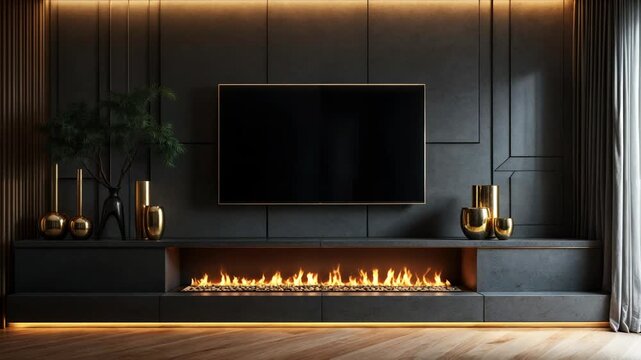 Cozy Modern Living Room Interior with Fireplace and Smart TV